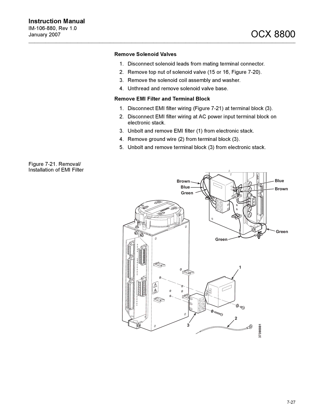 Emerson OCX 8800 instruction manual Remove Solenoid Valves, Remove EMI Filter and Terminal Block 