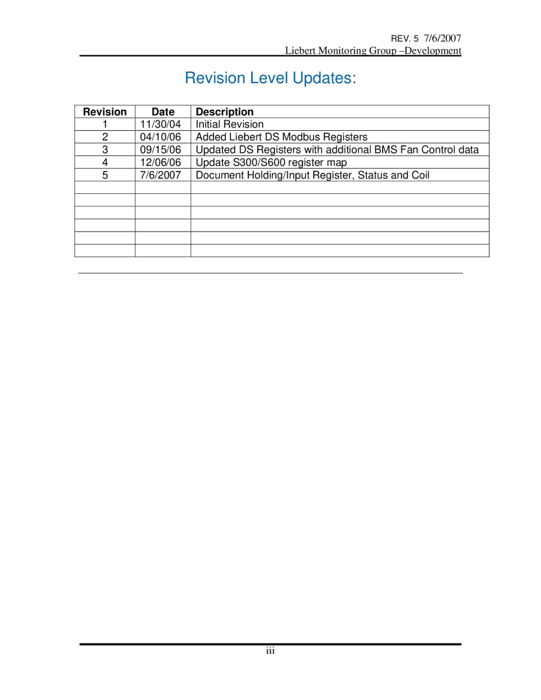 Emerson OpenComms-485 manual Revision Level Updates 