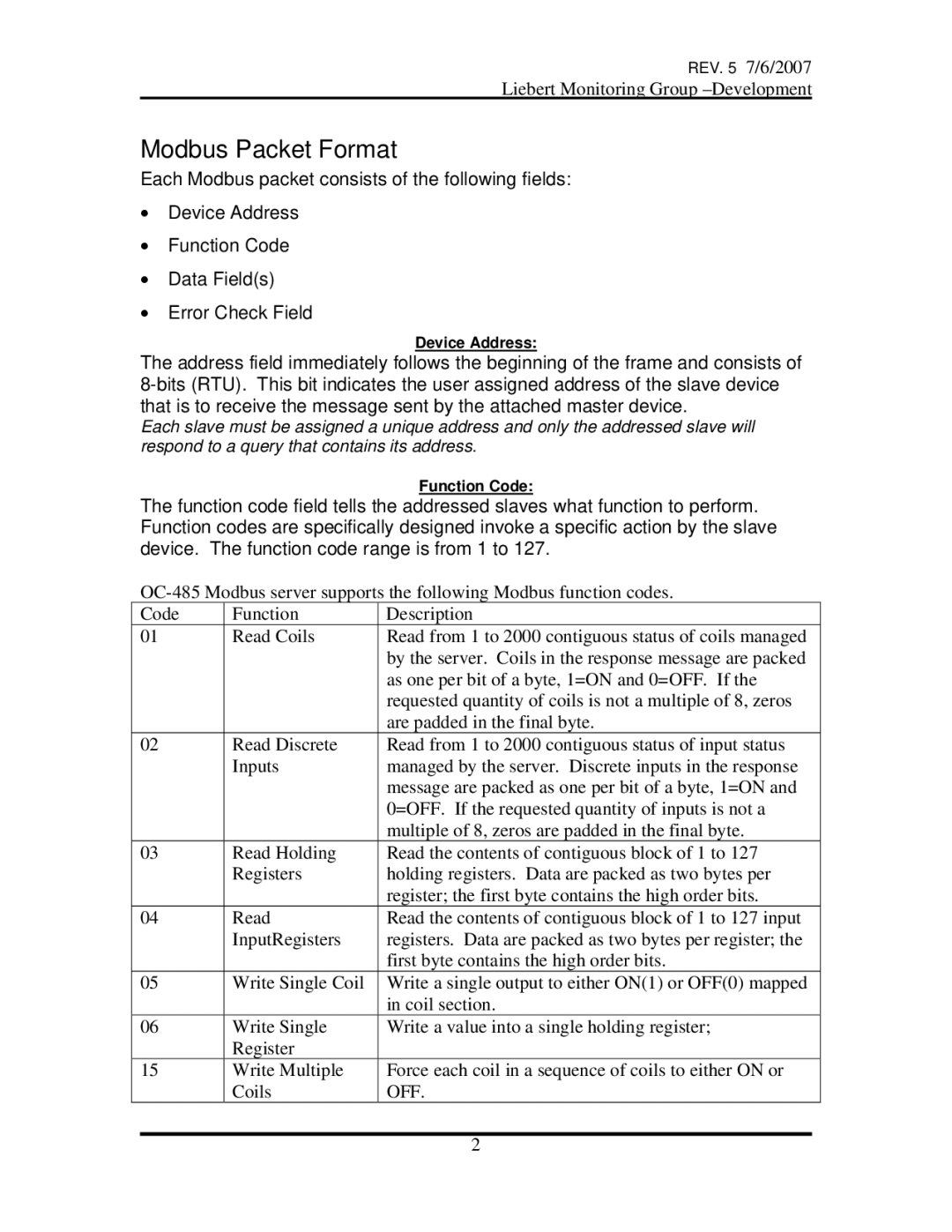 Emerson OpenComms-485 manual Modbus Packet Format 