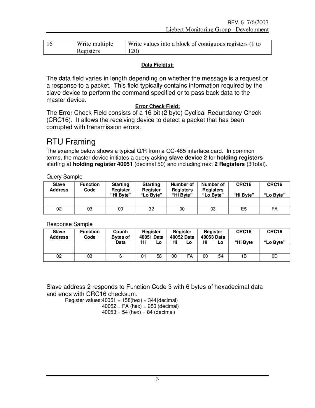 Emerson OpenComms-485 manual RTU Framing 