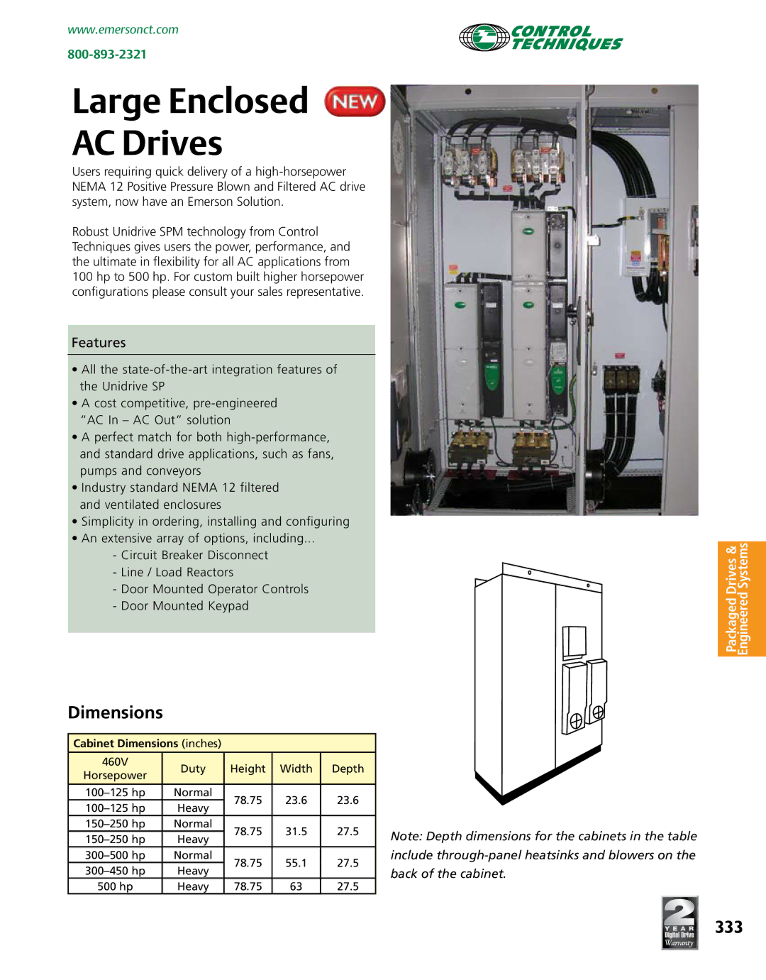 Emerson Packaged Drives and Engineered Systems manual Large Enclosed AC Drives, Dimensions, 333 