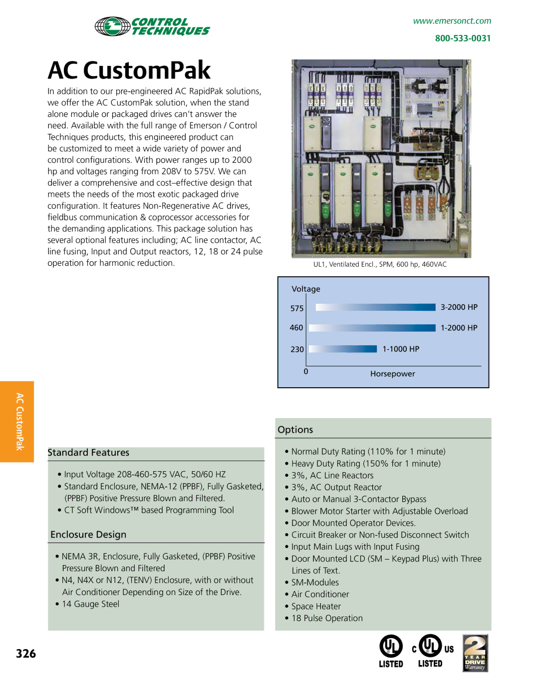 Emerson Packaged Drives and Engineered Systems manual AC CustomPak, 326, Input Voltage 208-460-575 VAC, 50/60 HZ 