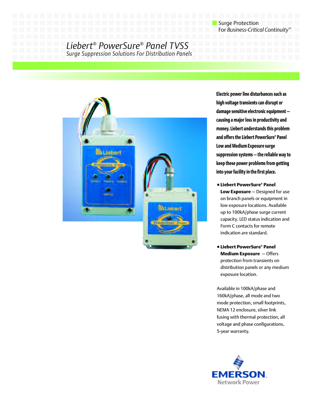 Emerson Panel TVSS warranty For Business-Critical Continuity, Liebert PowerSure Panel 