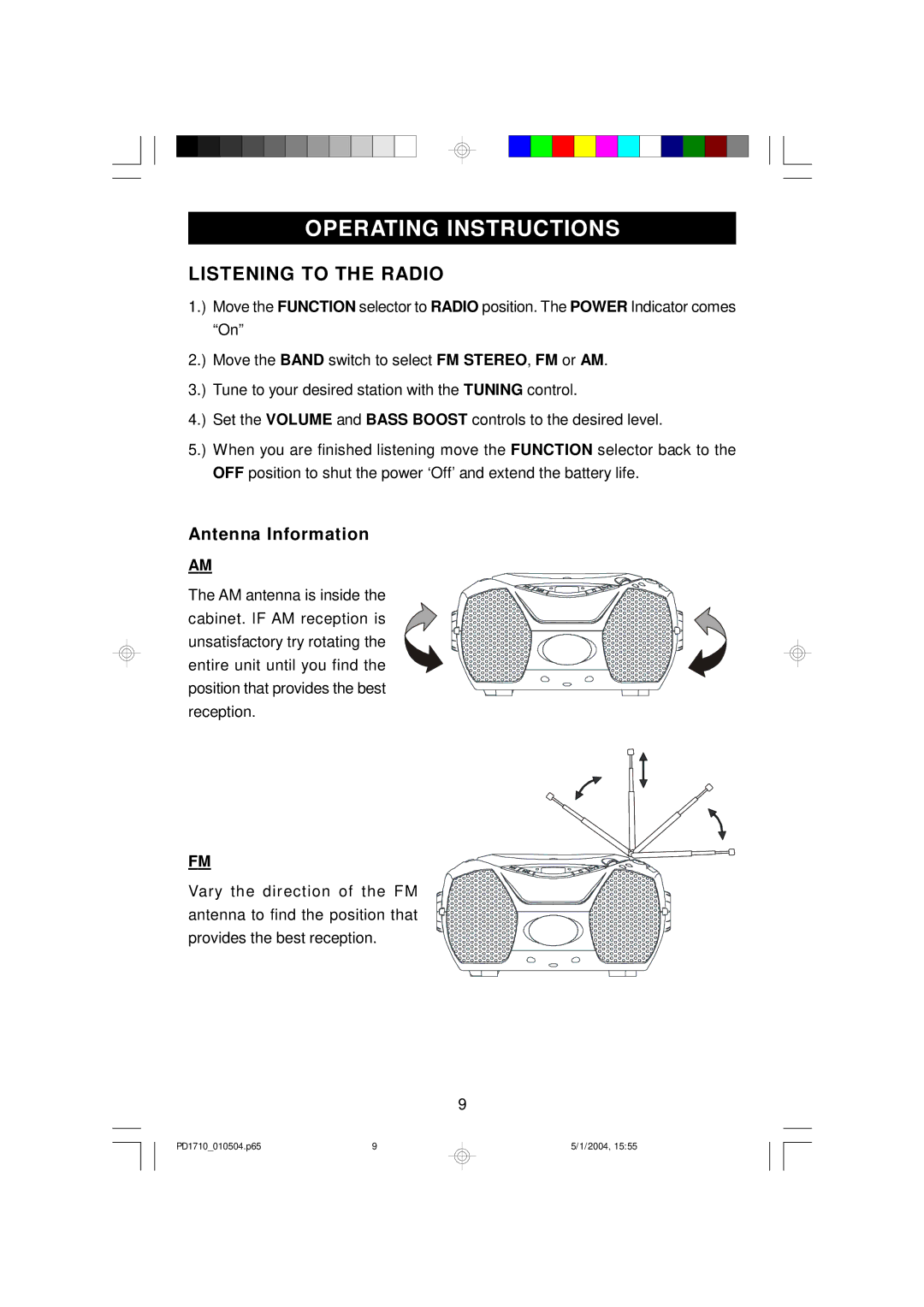 Emerson PD1710 owner manual Operating Instructions, Listening to the Radio, Antenna Information 