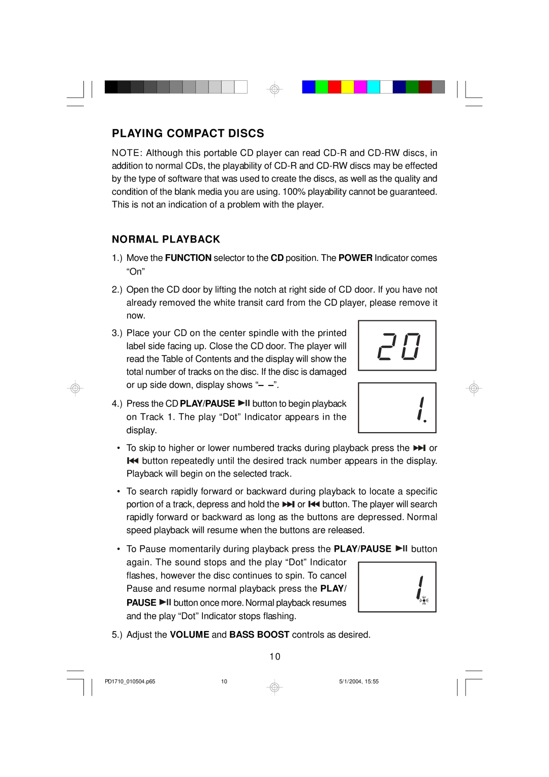 Emerson PD1710 owner manual Playing Compact Discs, Normal Playback 