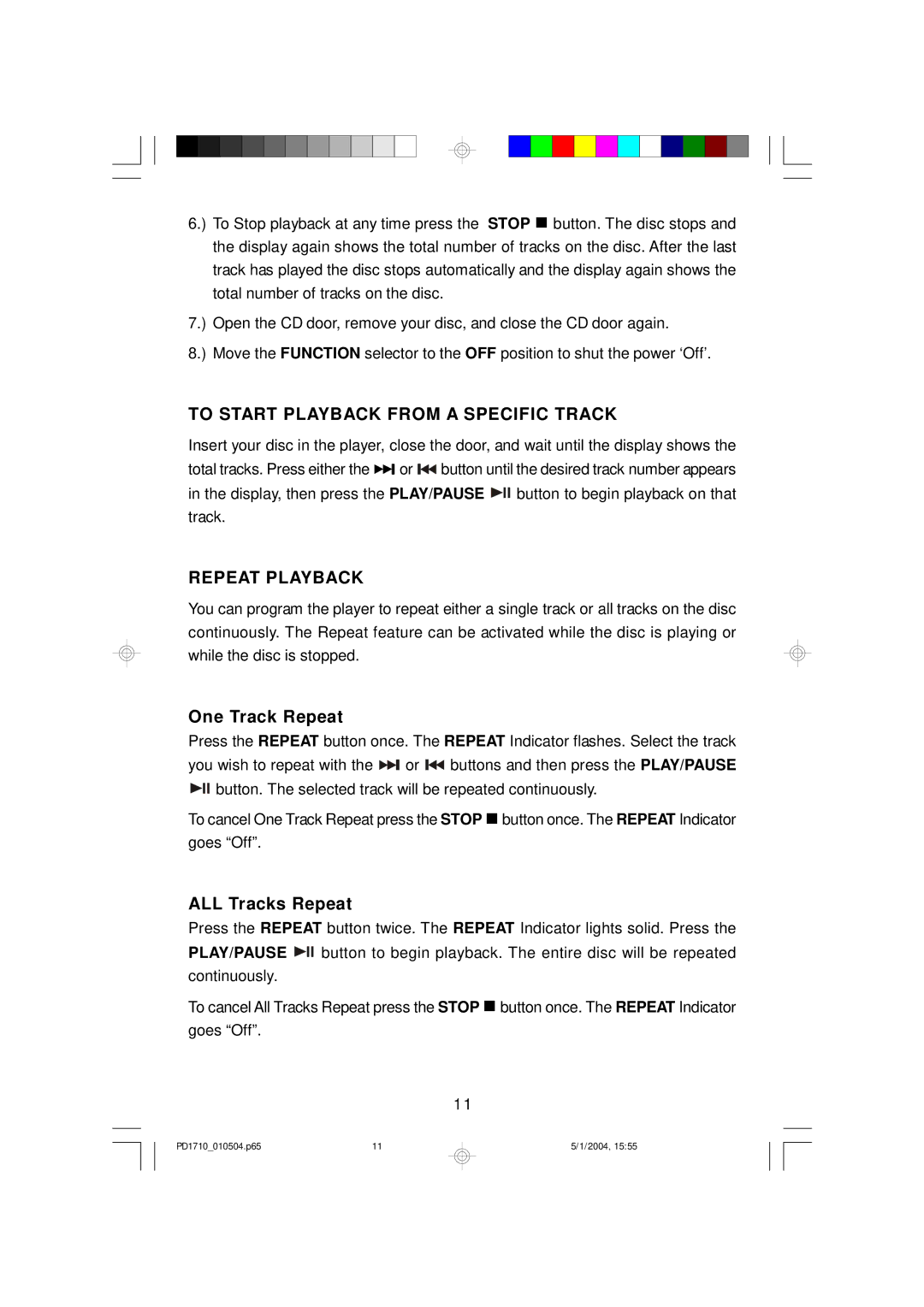 Emerson PD1710 owner manual One Track Repeat, ALL Tracks Repeat 