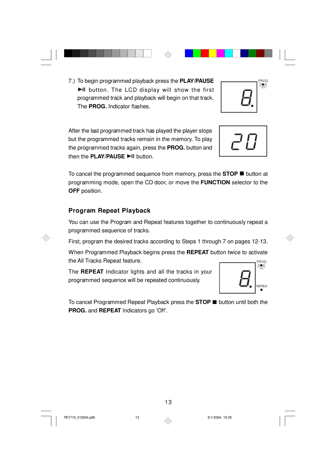 Emerson PD1710 owner manual Program Repeat Playback, All Tracks Repeat feature 