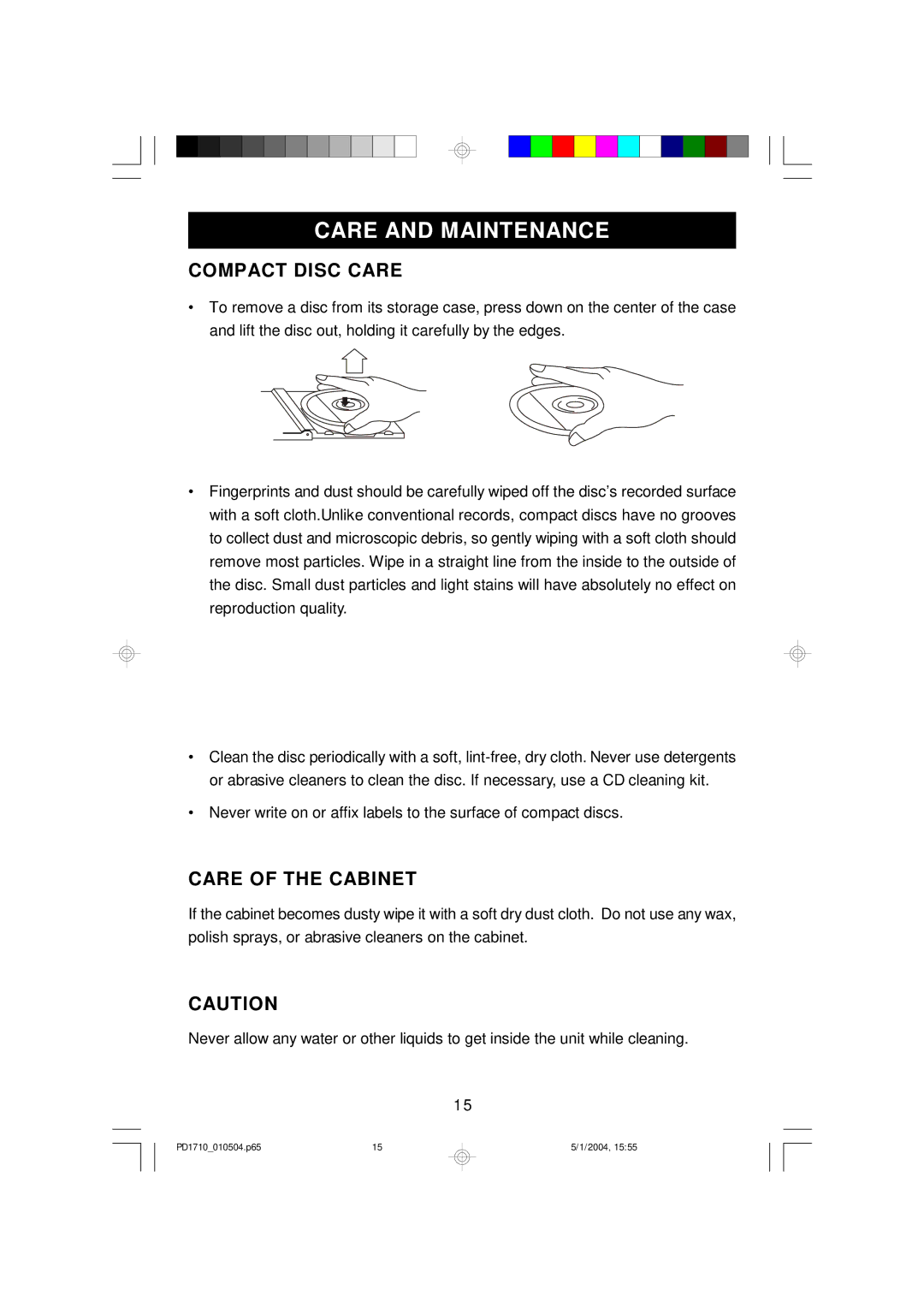 Emerson PD1710 owner manual Care and Maintenance, Compact Disc Care, Care of the Cabinet 