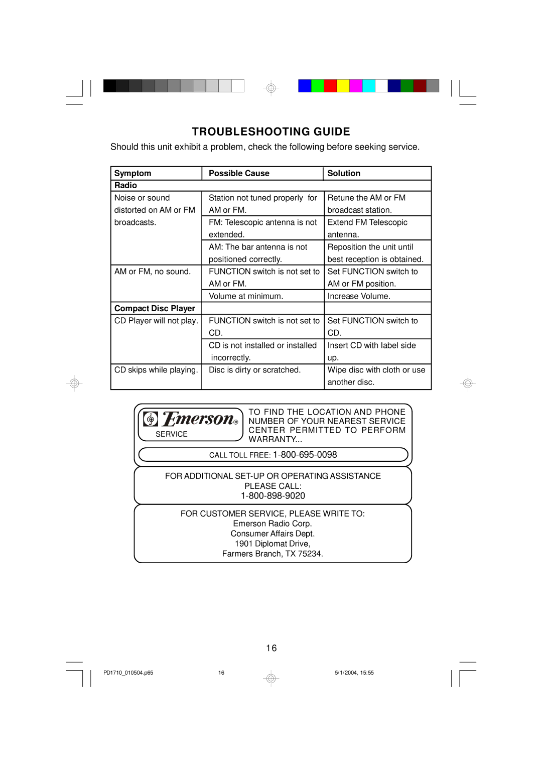 Emerson PD1710 owner manual Troubleshooting Guide, Symptom Possible Cause Solution Radio 