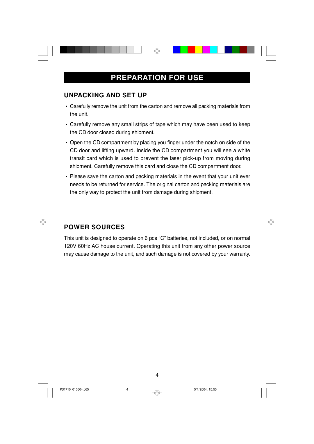 Emerson PD1710 owner manual Preparation for USE, Unpacking and SET UP, Power Sources 