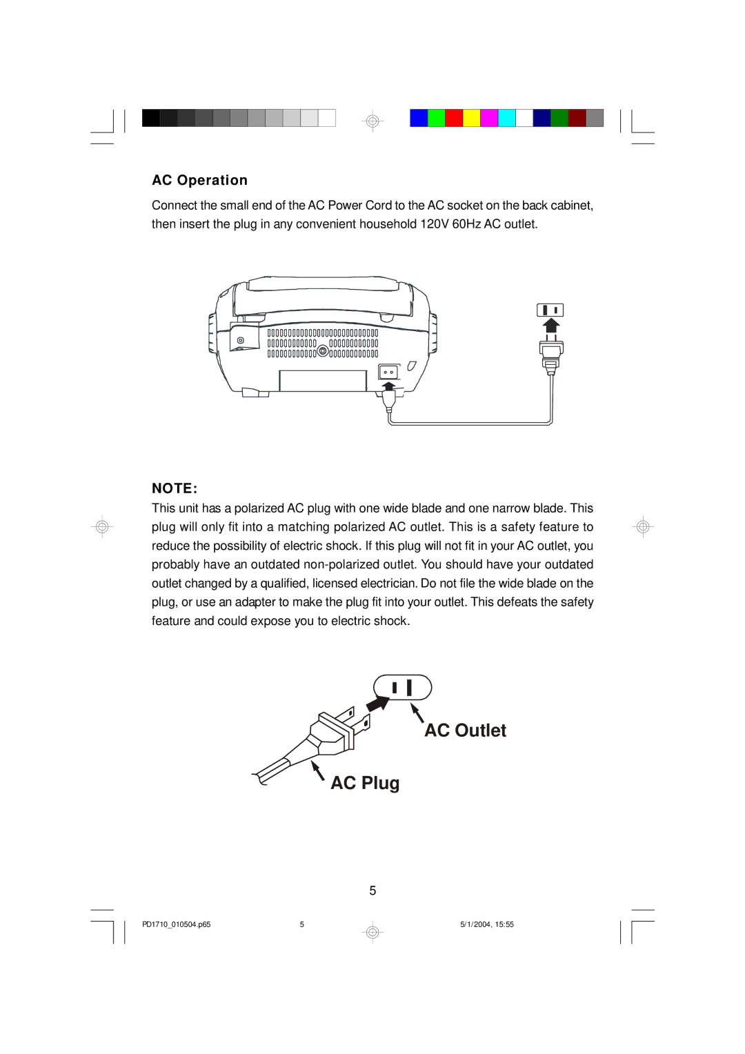 Emerson PD1710 owner manual AC Outlet AC Plug, AC Operation 