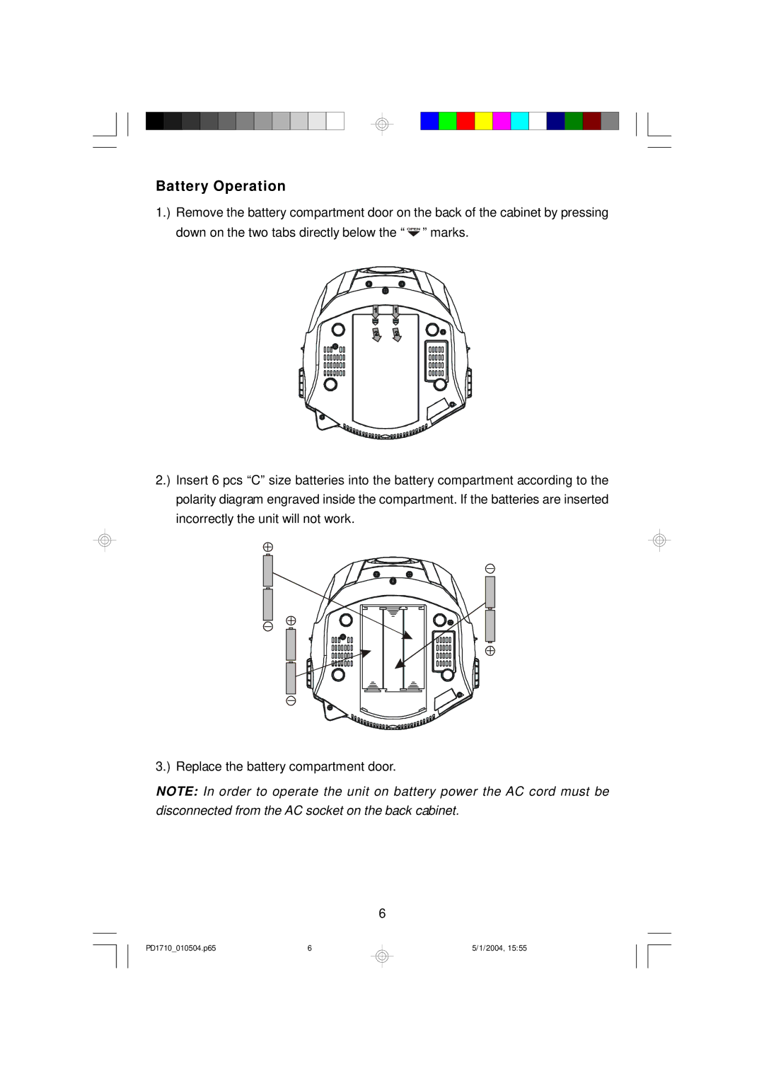 Emerson PD1710 owner manual Battery Operation 