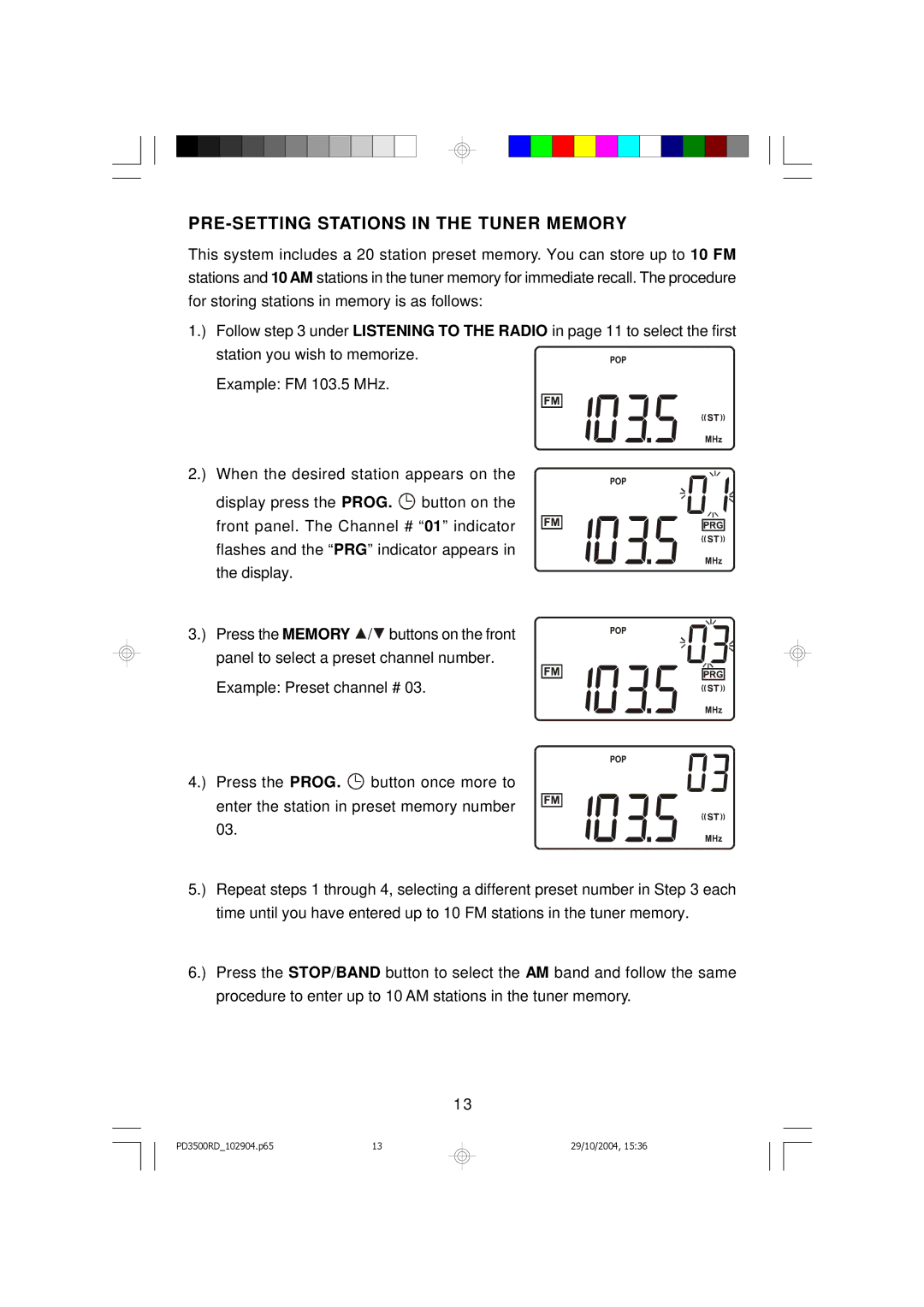 Emerson PD3500RD owner manual PRE-SETTING Stations in the Tuner Memory 