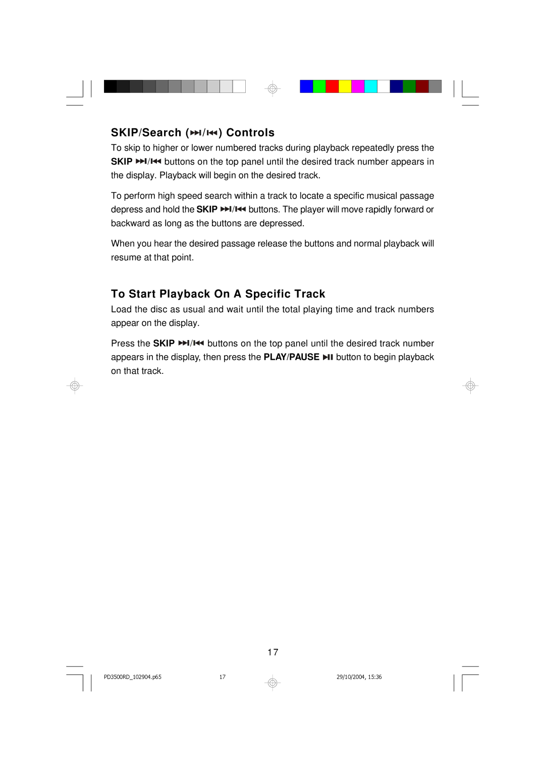 Emerson PD3500RD owner manual SKIP/Search / Controls, To Start Playback On a Specific Track 