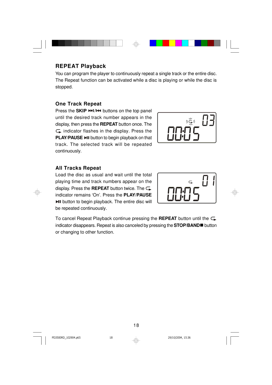 Emerson PD3500RD owner manual Repeat Playback, One Track Repeat, All Tracks Repeat 