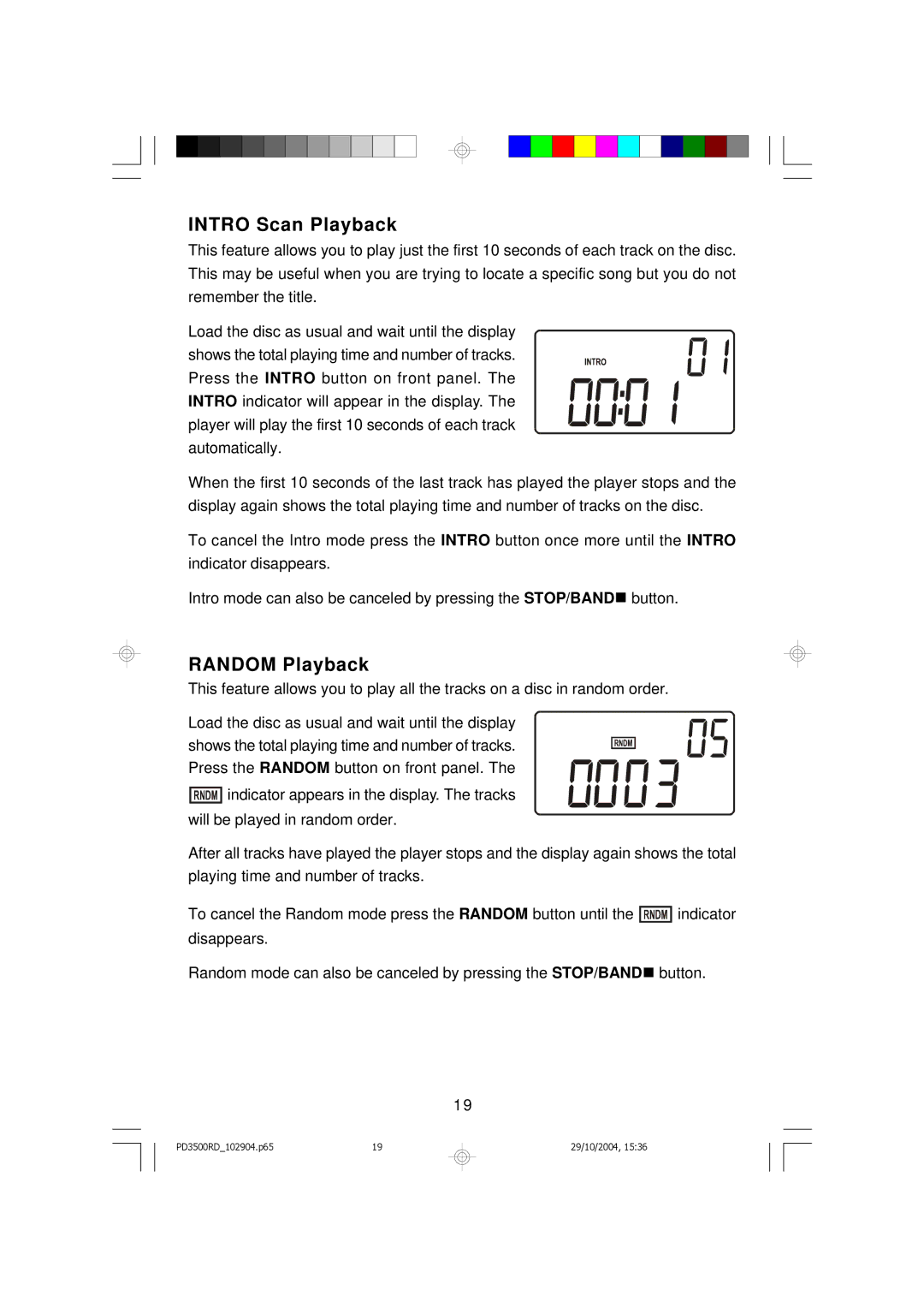 Emerson PD3500RD owner manual Intro Scan Playback, Random Playback 