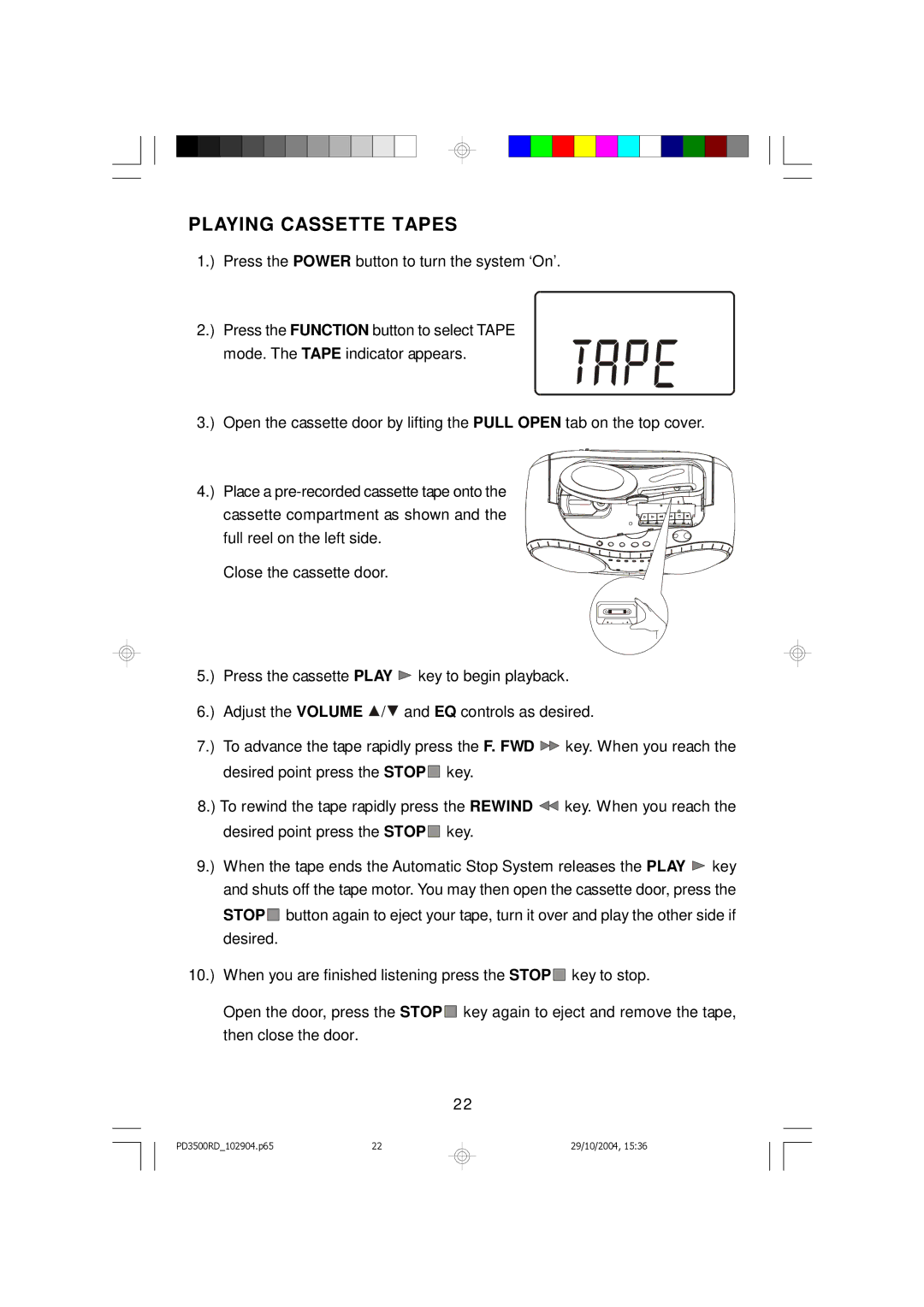 Emerson PD3500RD owner manual Playing Cassette Tapes 