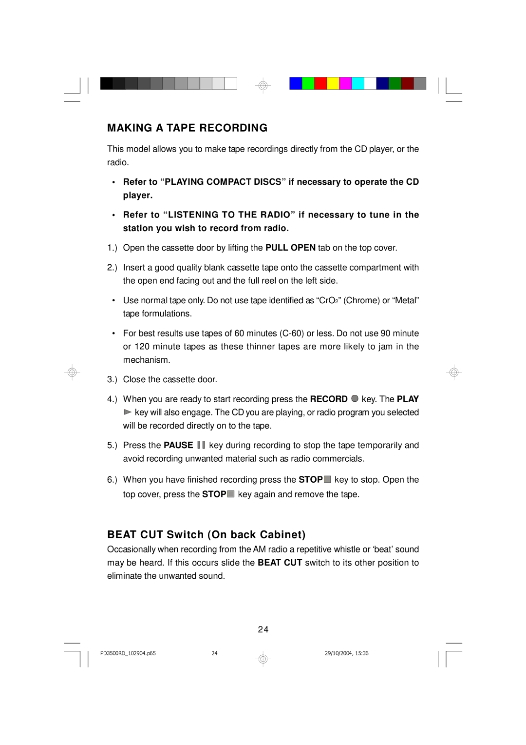 Emerson PD3500RD owner manual Making a Tape Recording, Beat CUT Switch On back Cabinet 