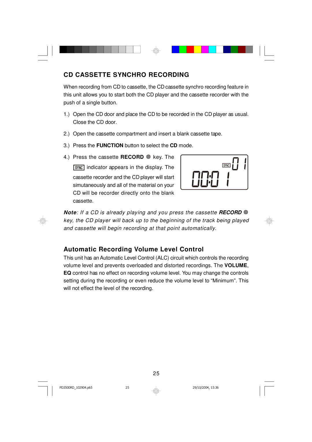 Emerson PD3500RD owner manual CD Cassette Synchro Recording, Automatic Recording Volume Level Control 