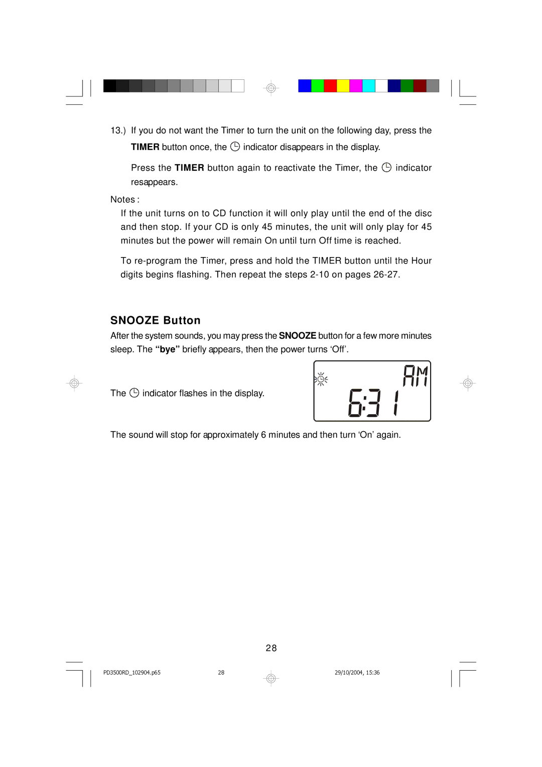 Emerson PD3500RD owner manual Snooze Button 