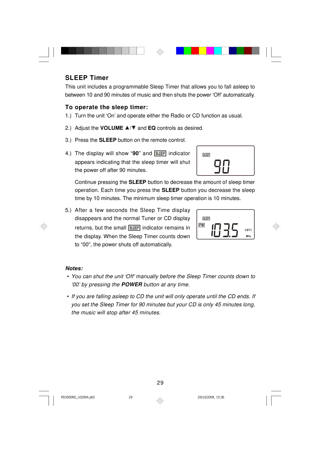 Emerson PD3500RD owner manual Sleep Timer, To operate the sleep timer 