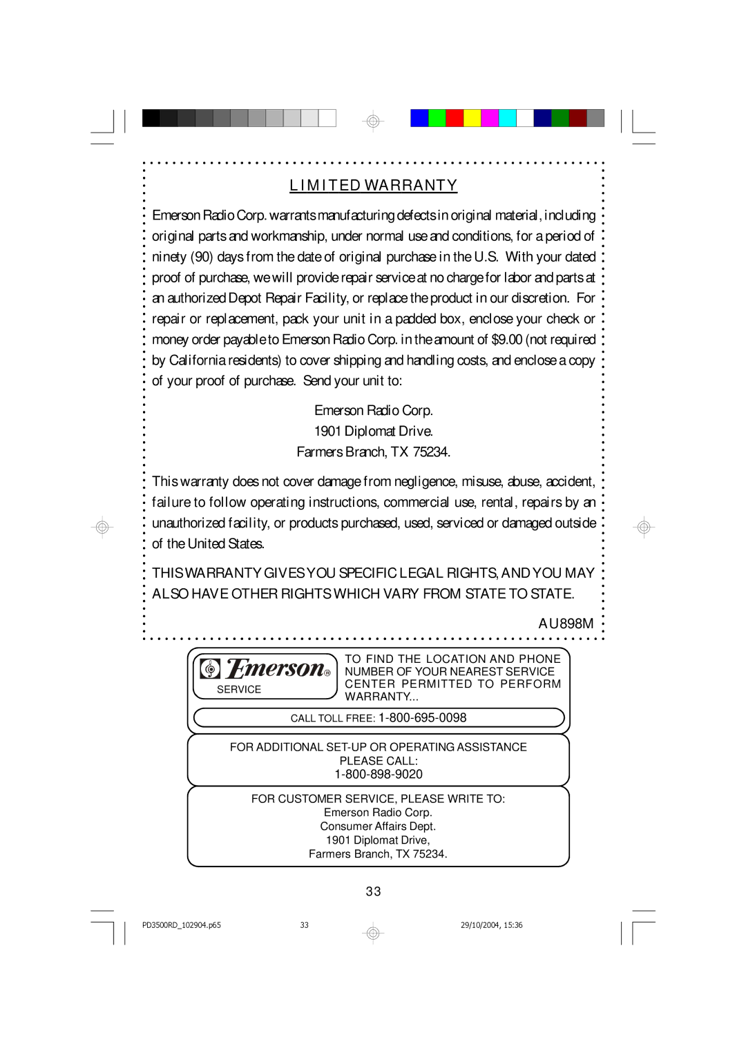 Emerson PD3500RD owner manual Limited Warranty 