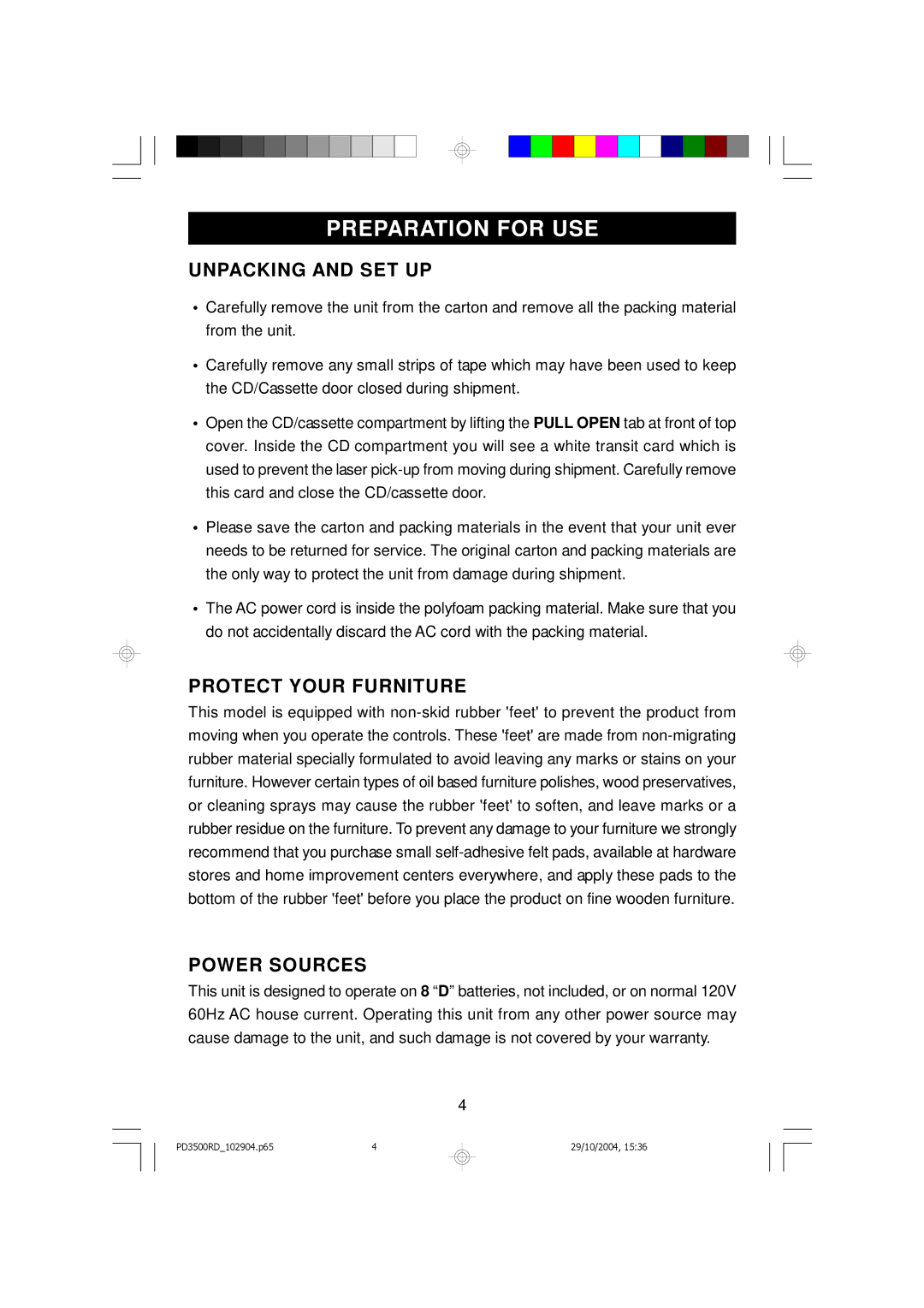 Emerson PD3500RD owner manual Preparation for USE, Unpacking and SET UP, Protect Your Furniture, Power Sources 