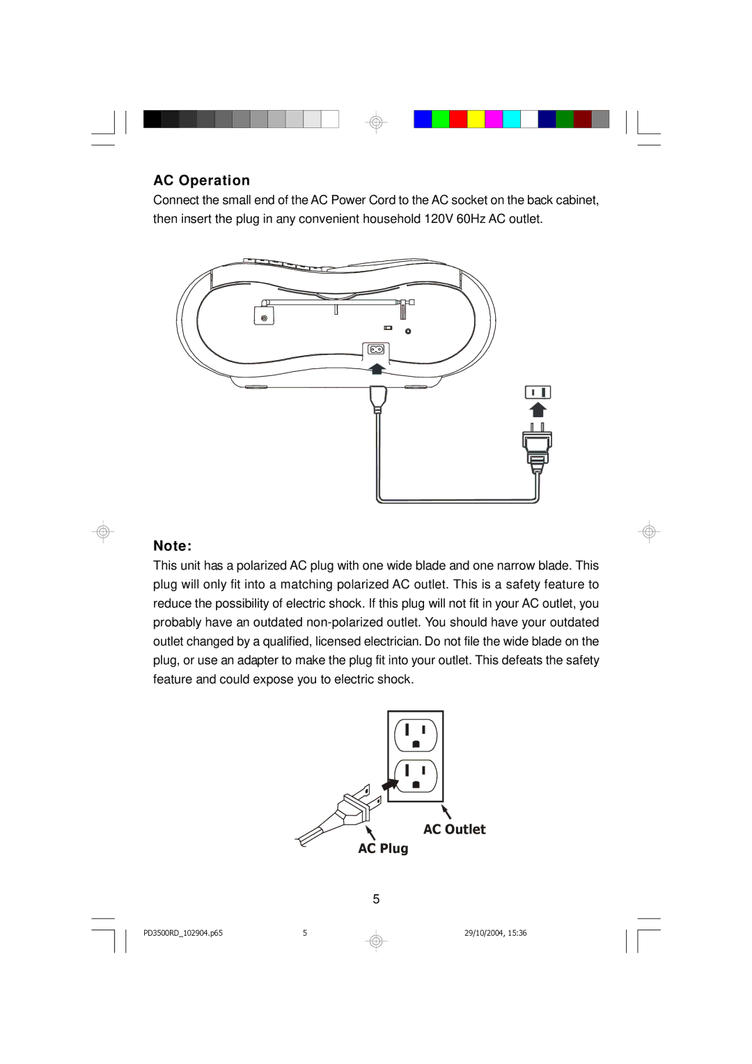 Emerson PD3500RD owner manual AC Operation 