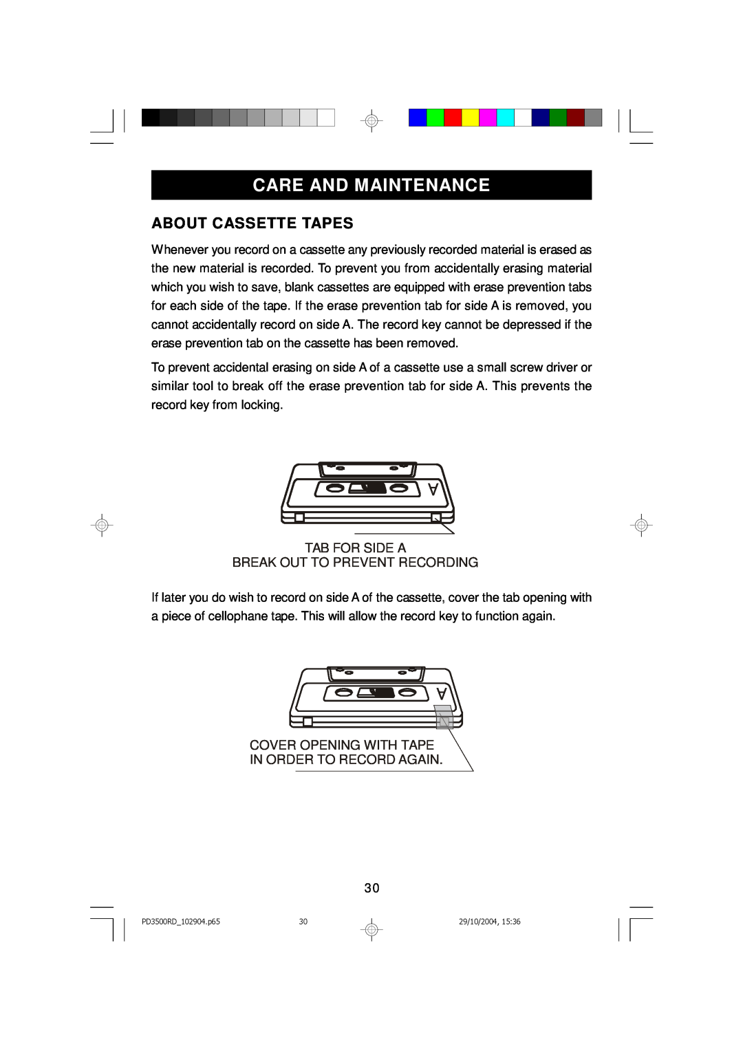 Emerson PD3500RD owner manual Care And Maintenance, About Cassette Tapes, Tab For Side A Break Out To Prevent Recording 