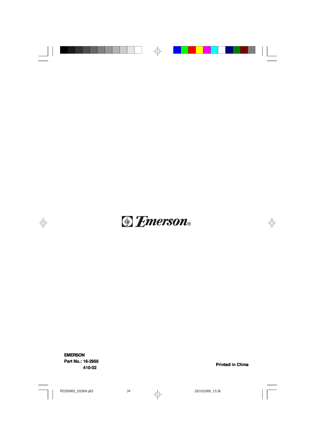 Emerson owner manual EMERSON Part No, 410-02, PD3500RD_102904.p65, 29/10/2004 