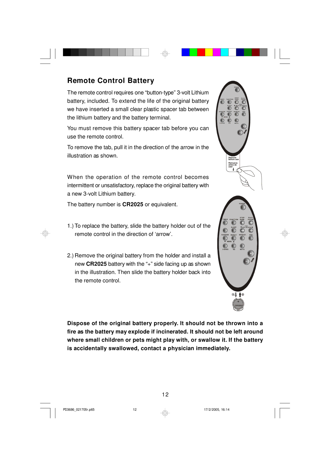 Emerson PD3686 owner manual Remote Control Battery 