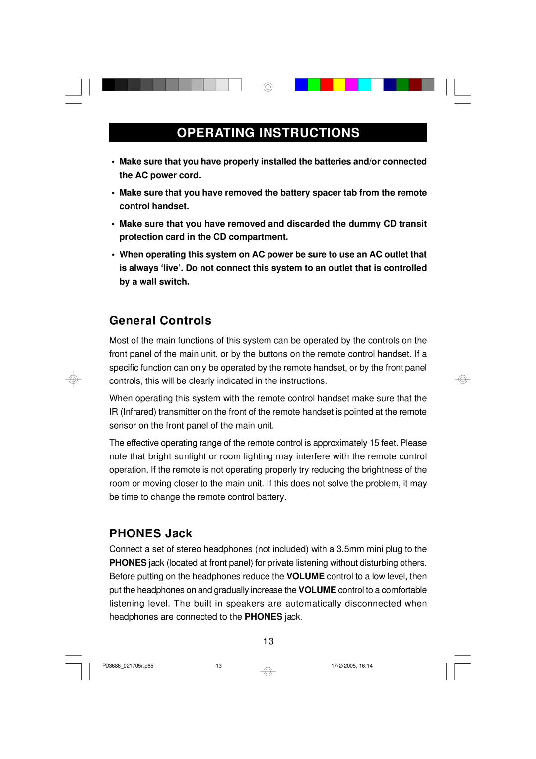 Emerson PD3686 owner manual General Controls, Phones Jack 