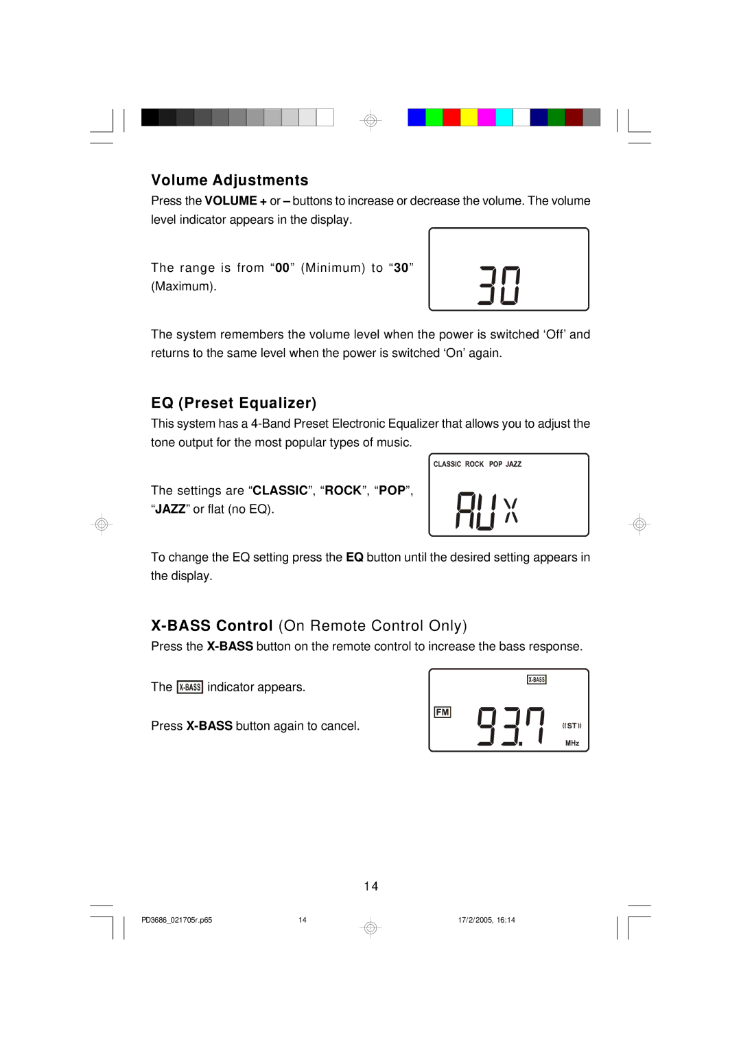 Emerson PD3686 owner manual Volume Adjustments, EQ Preset Equalizer 