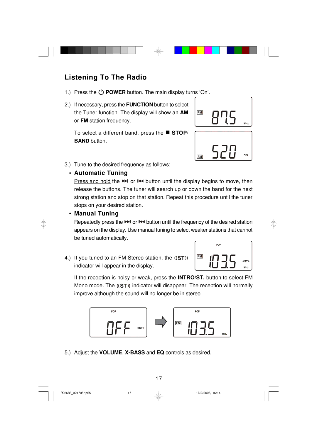 Emerson PD3686 owner manual Listening To The Radio, Automatic Tuning, Manual Tuning 