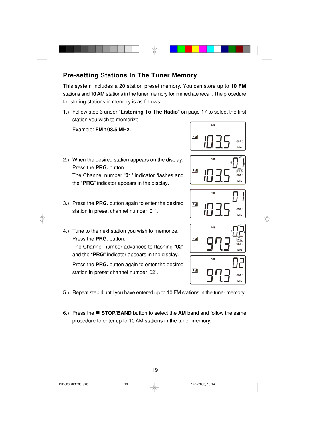 Emerson PD3686 owner manual Pre-setting Stations In The Tuner Memory, Example FM 103.5 MHz 