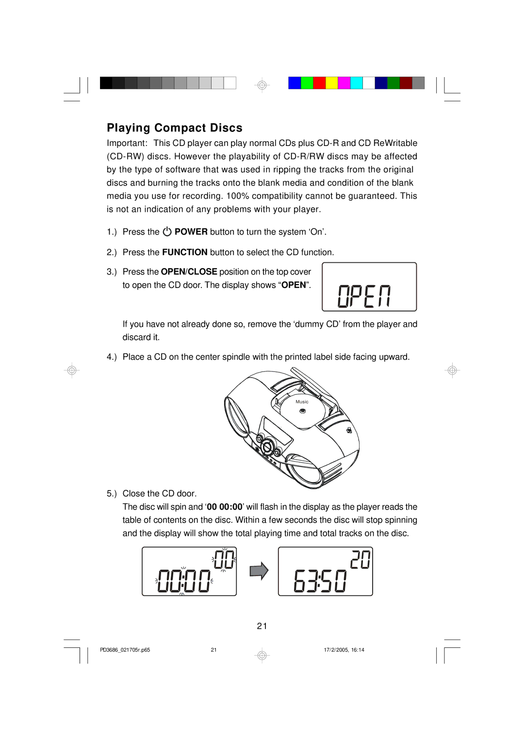 Emerson PD3686 owner manual Playing Compact Discs 