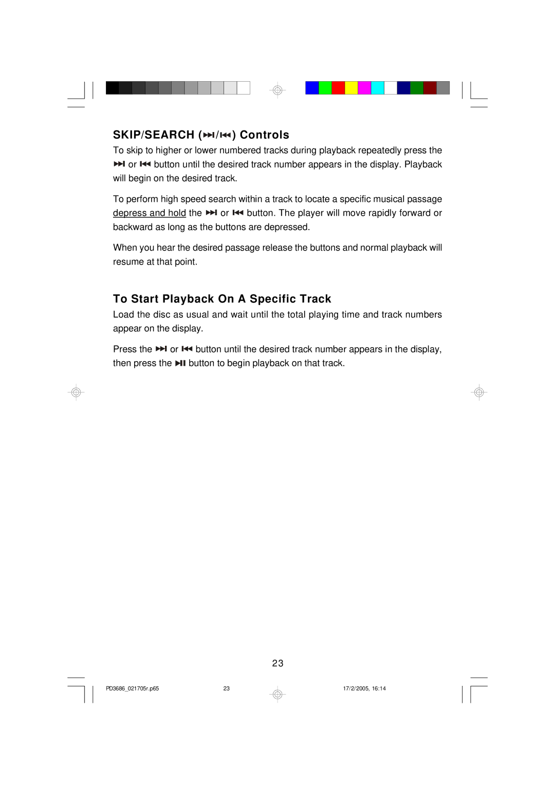 Emerson PD3686 owner manual SKIP/SEARCH / Controls, To Start Playback On a Specific Track 