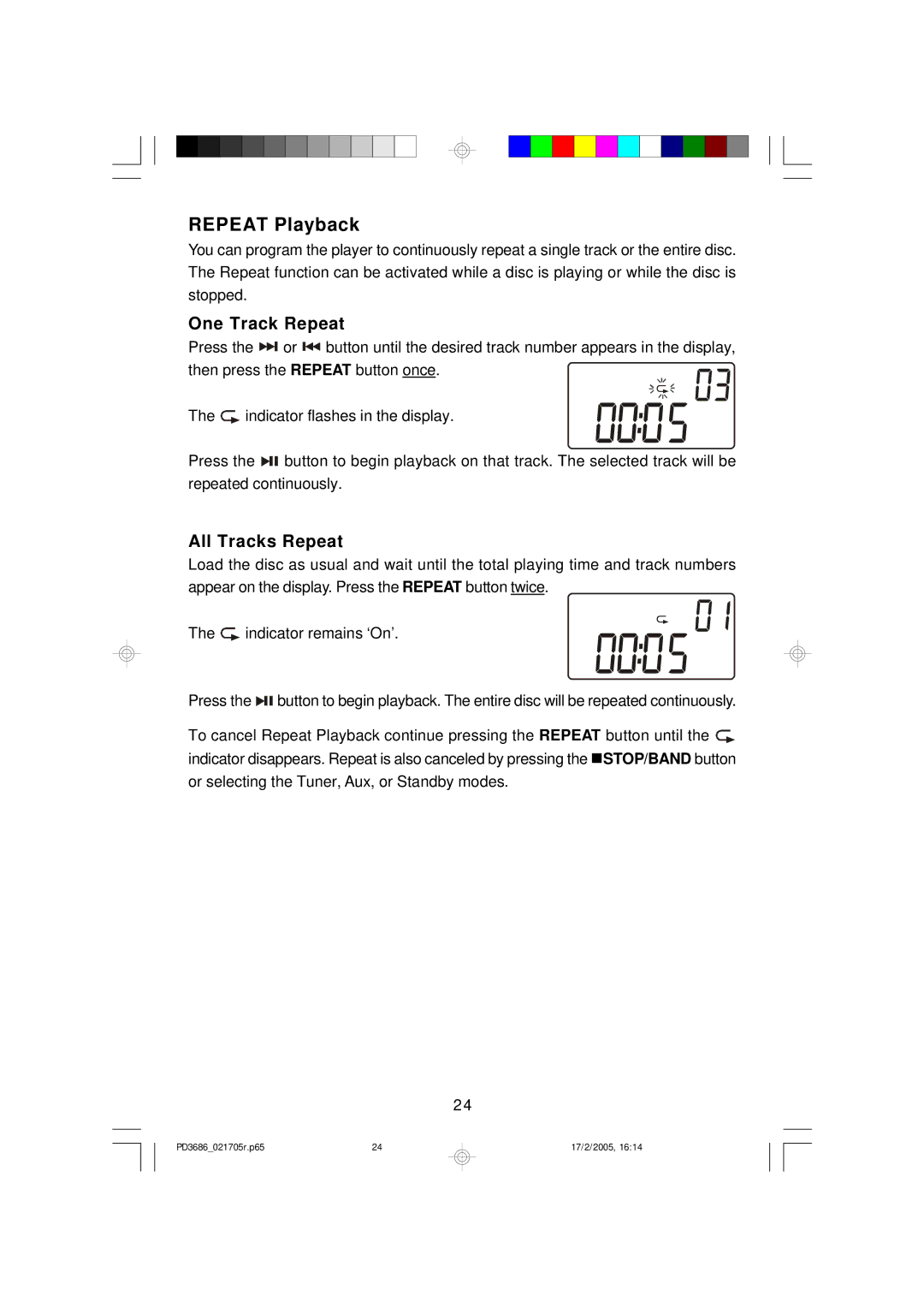 Emerson PD3686 owner manual Repeat Playback, One Track Repeat, All Tracks Repeat 