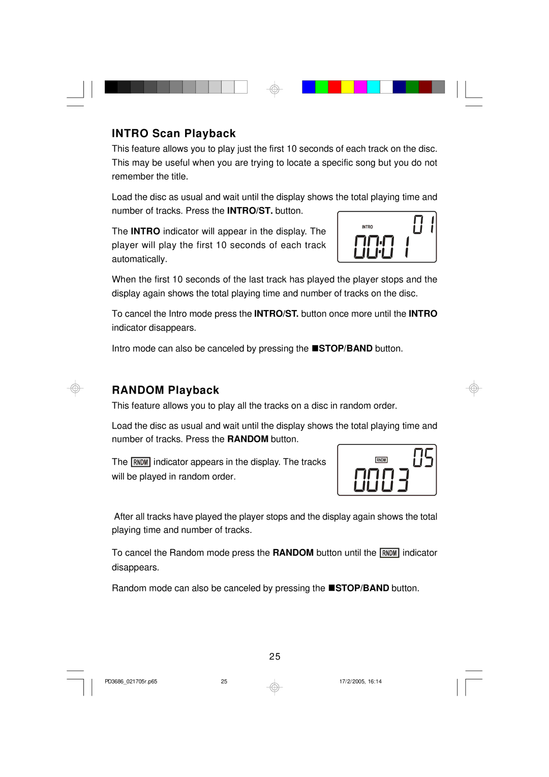 Emerson PD3686 owner manual Intro Scan Playback, Random Playback 