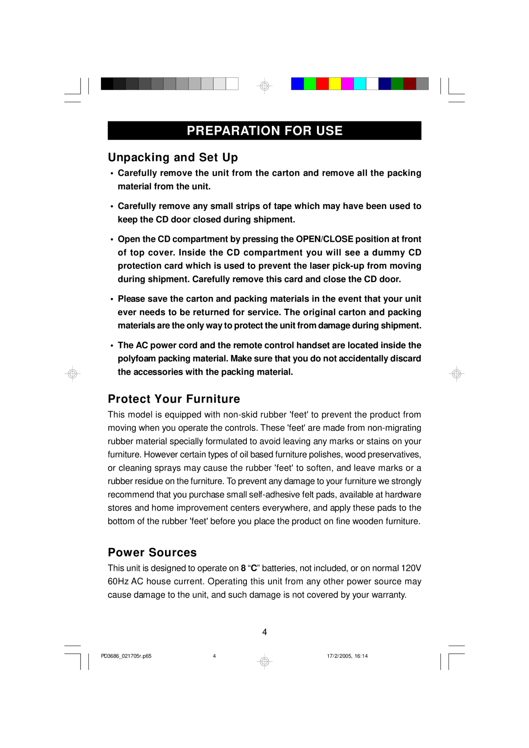 Emerson PD3686 owner manual Unpacking and Set Up, Protect Your Furniture, Power Sources 