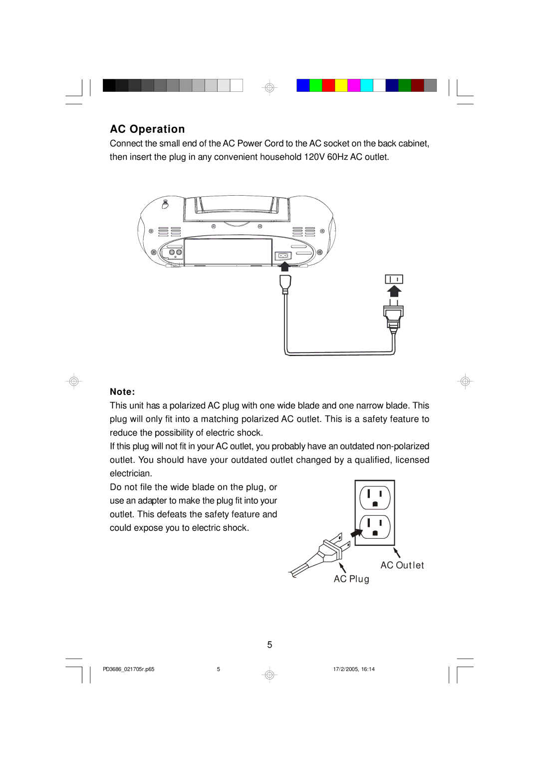 Emerson PD3686 owner manual AC Operation 