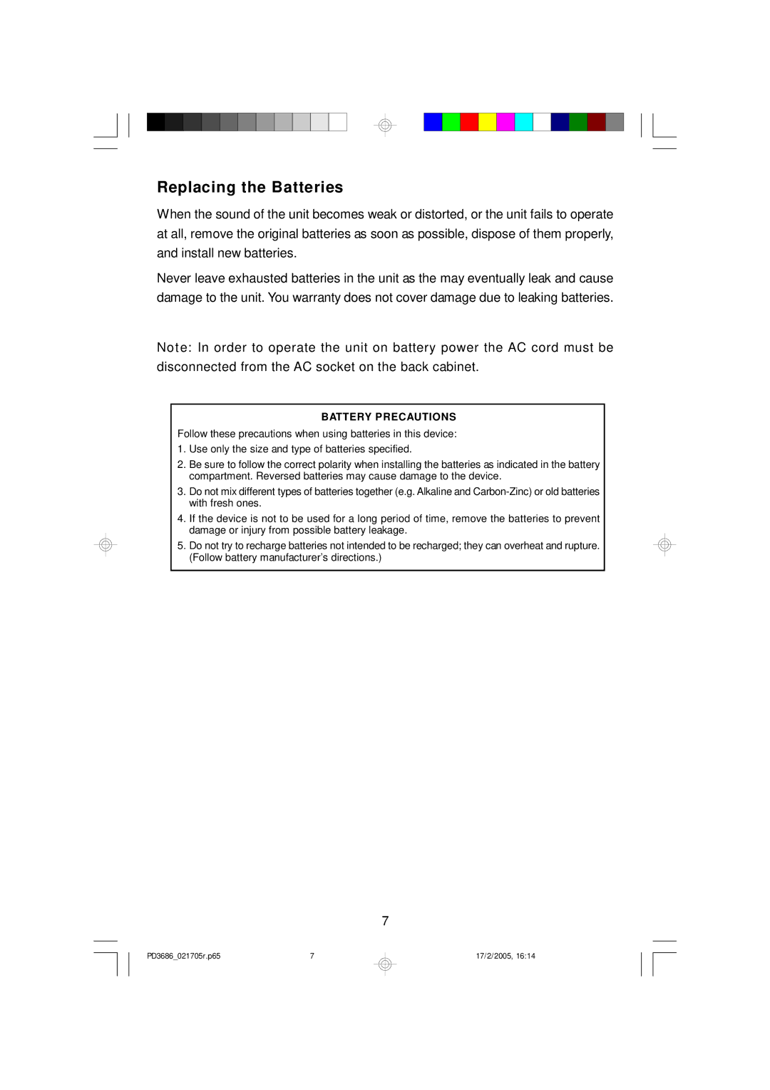 Emerson PD3686 owner manual Replacing the Batteries, Battery Precautions 