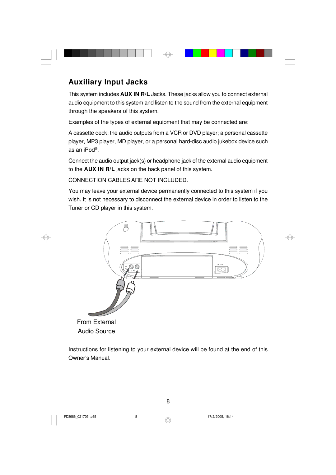 Emerson PD3686 owner manual Auxiliary Input Jacks, Connection Cables are not Included 