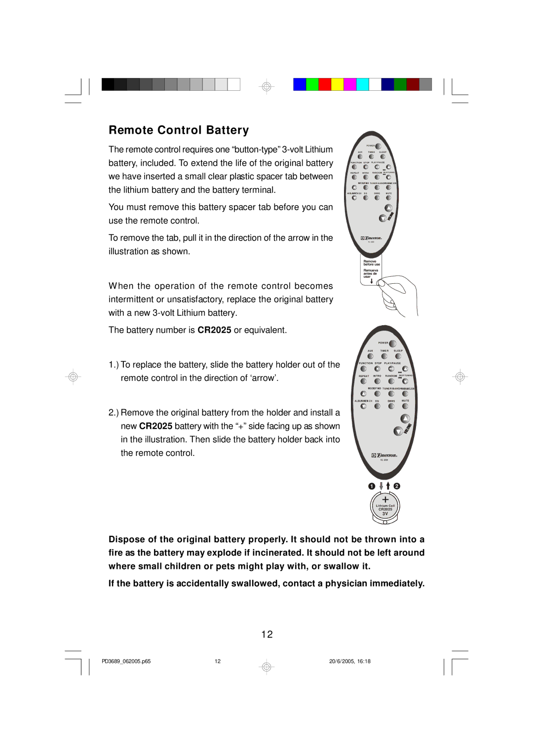 Emerson PD3689 owner manual Remote Control Battery, Remove before use Remueva antes de usar 