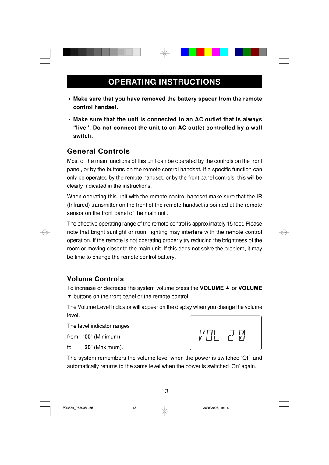 Emerson PD3689 owner manual General Controls, Volume Controls 