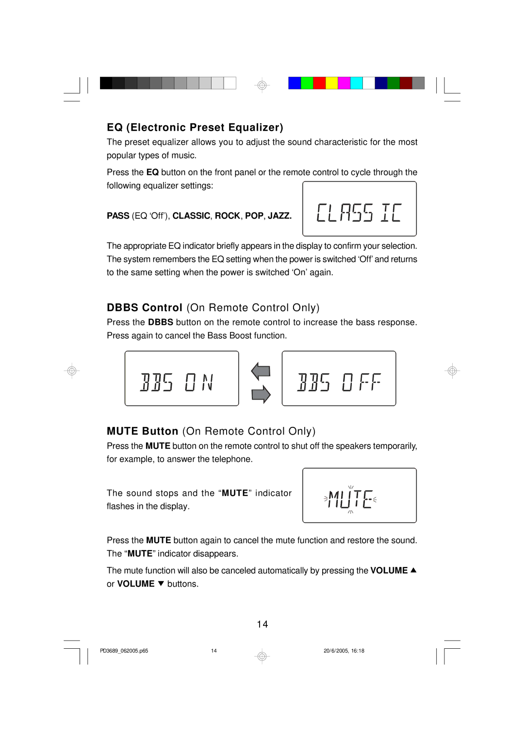 Emerson PD3689 EQ Electronic Preset Equalizer, Dbbs Control On Remote Control Only, Mute Button On Remote Control Only 