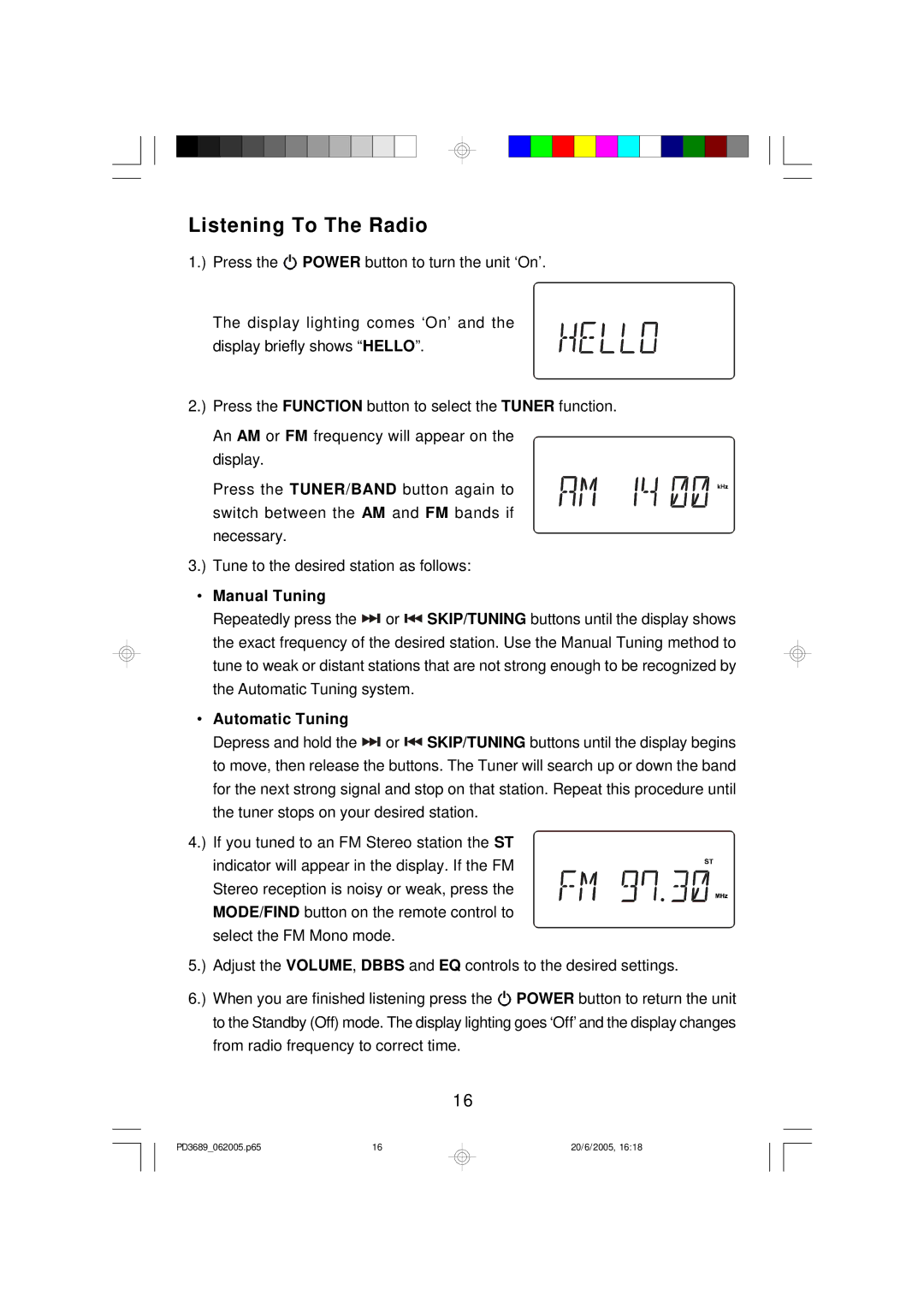 Emerson PD3689 owner manual Listening To The Radio, Manual Tuning, Automatic Tuning 