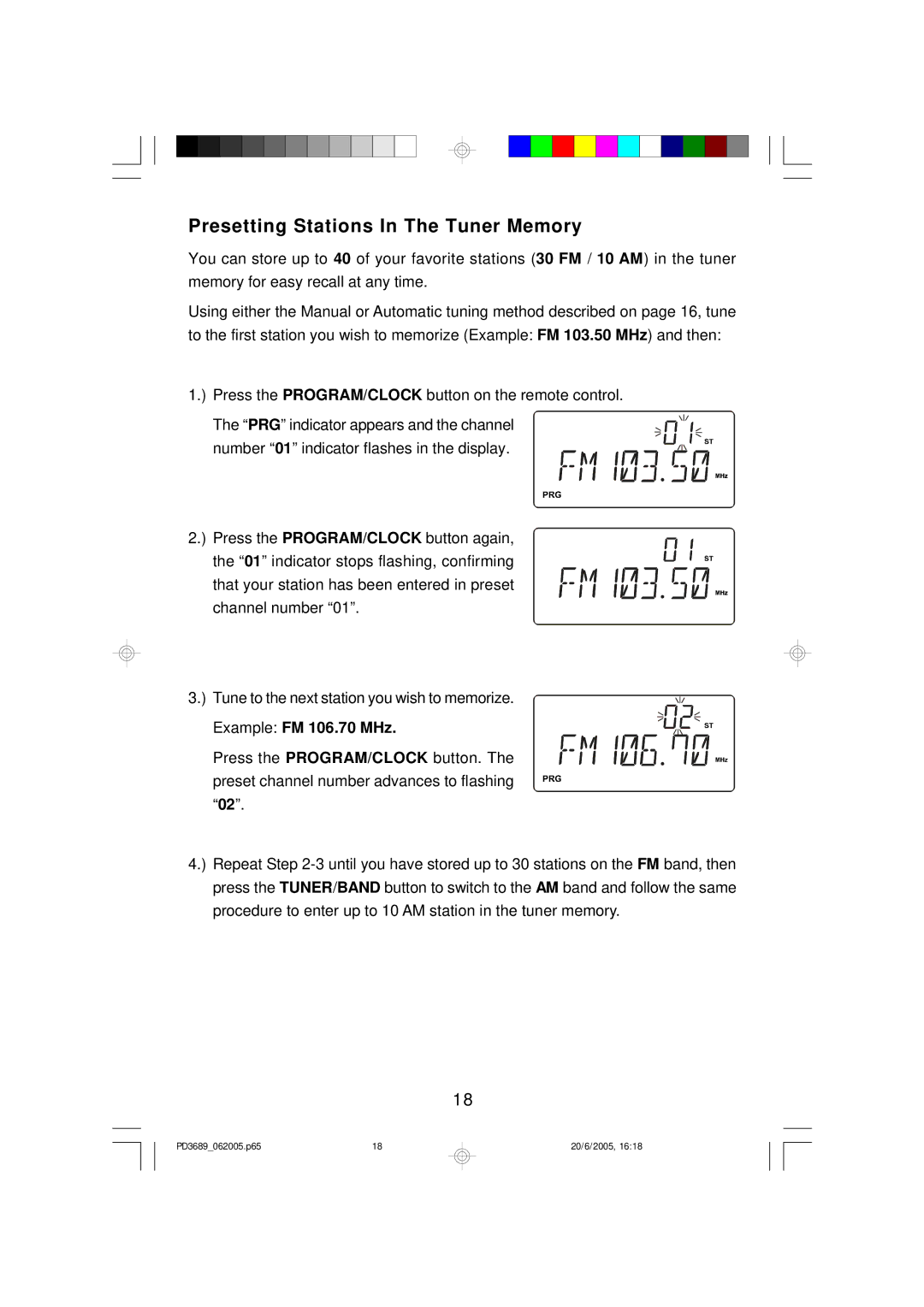 Emerson PD3689 owner manual Presetting Stations In The Tuner Memory, Example FM 106.70 MHz 