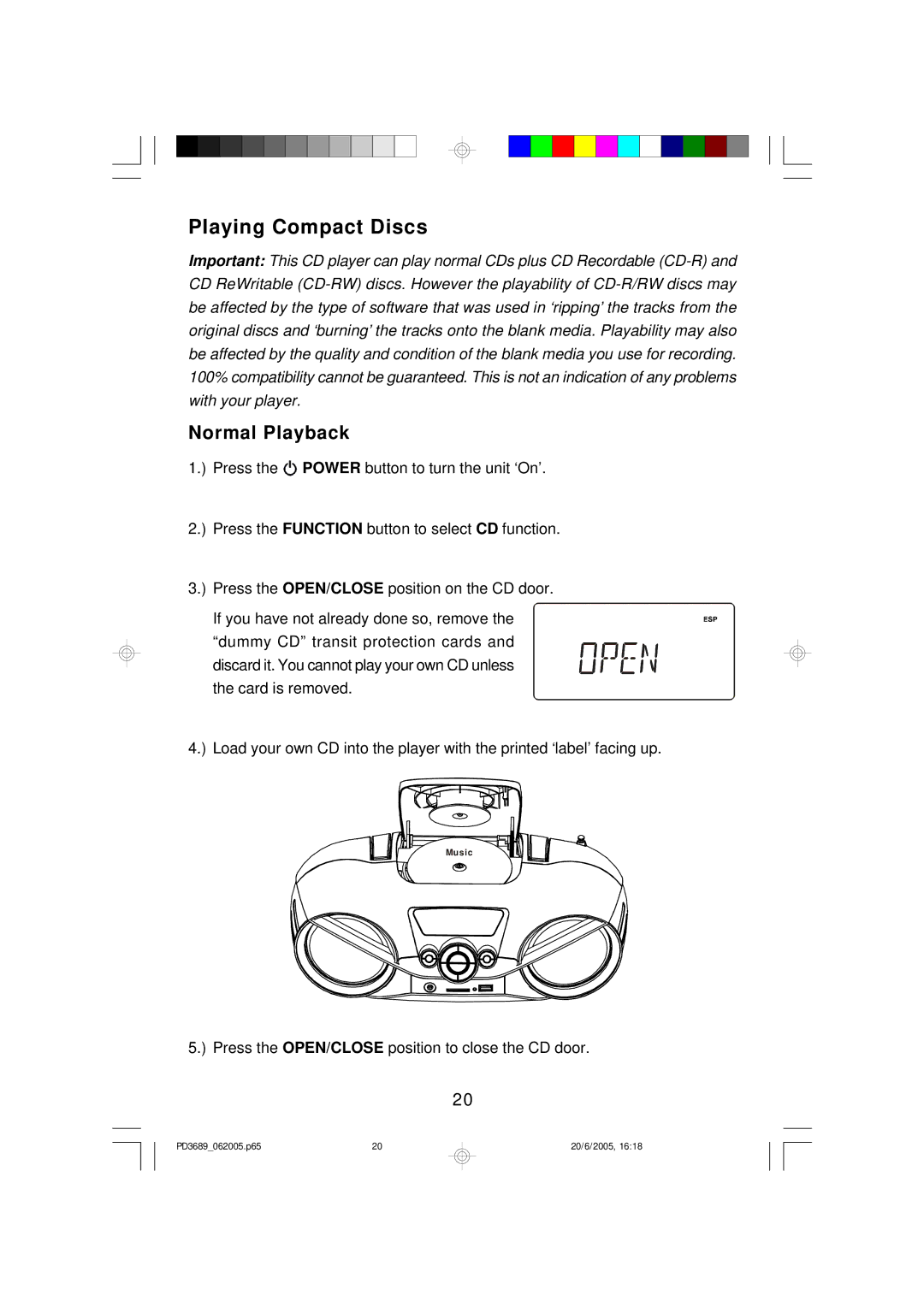 Emerson PD3689 owner manual Playing Compact Discs, Normal Playback 