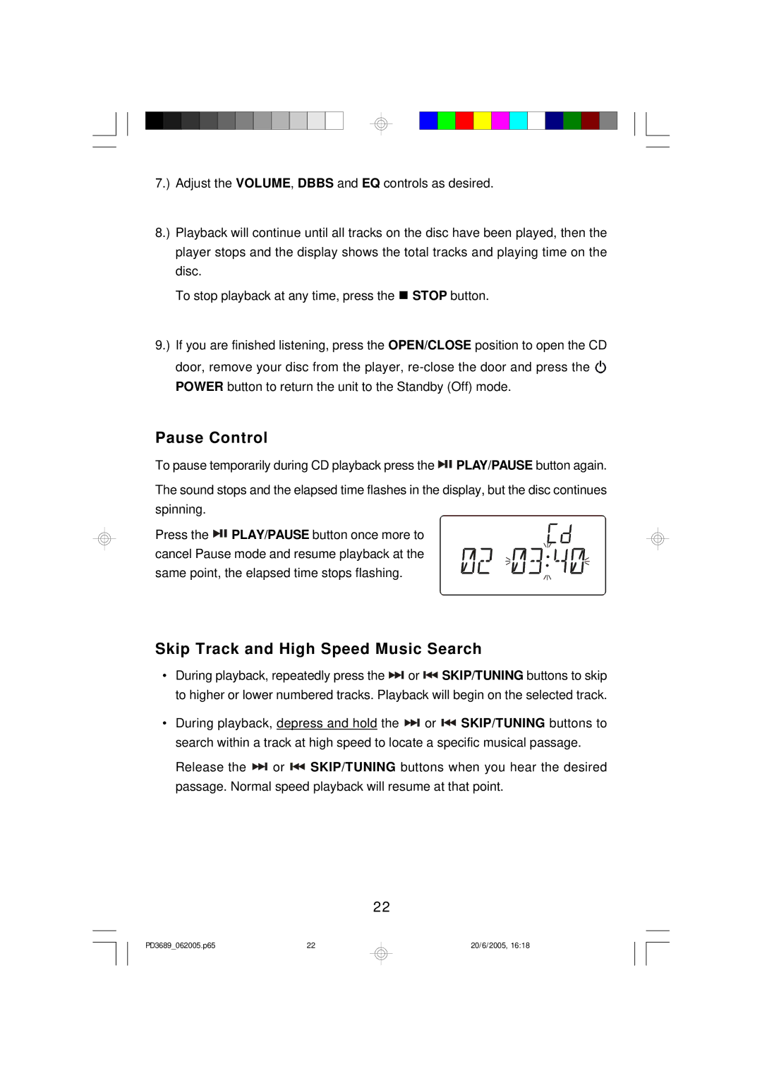 Emerson PD3689 owner manual Pause Control, Skip Track and High Speed Music Search 